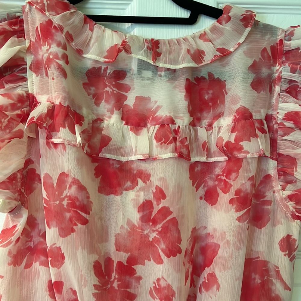 Misa Los Angeles Pink and Red Floral Asymmetrical Ruffle Dress - Picture 5 of 8